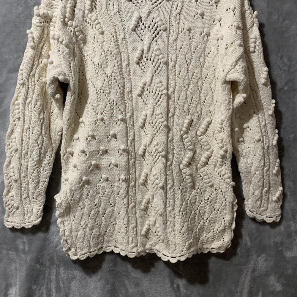 Vintage Yarnworks Sweater Womens Medium Ivory Handknit Cable Popcorn Chunky 90s - Picture 9 of 16